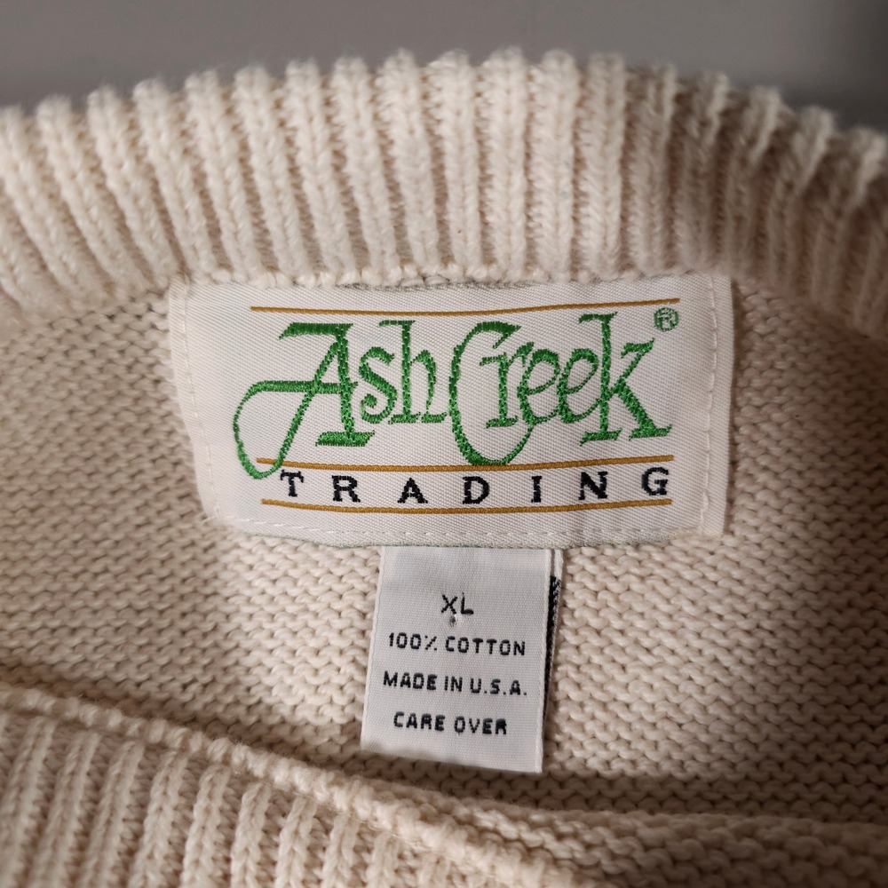 Ash Creek Trading Sweater Mens XL Cream Navy Striped Textured Cotton Knit USA - Picture 2 of 5